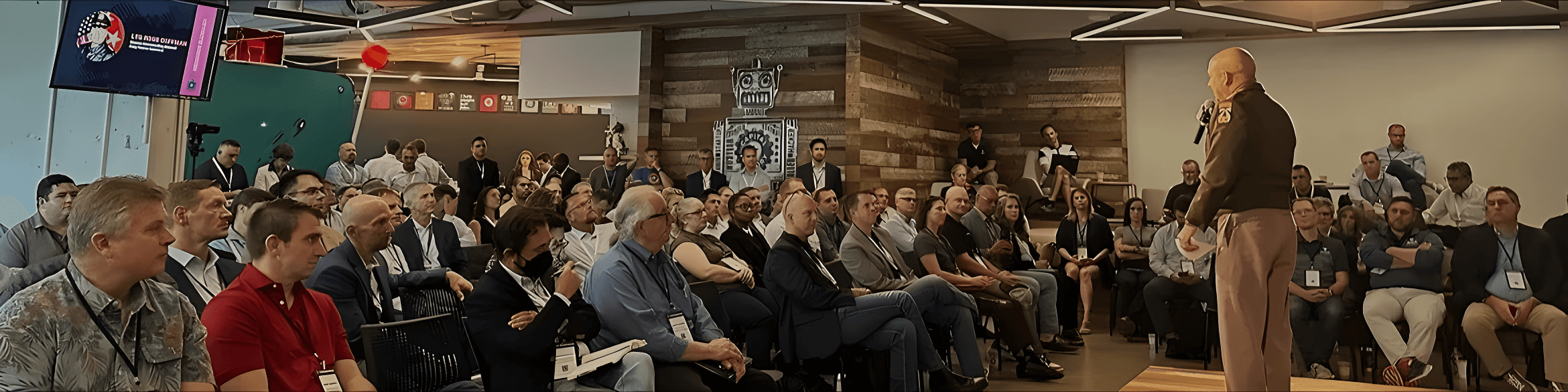 Ross Coffman delivering a keynote to a full audience